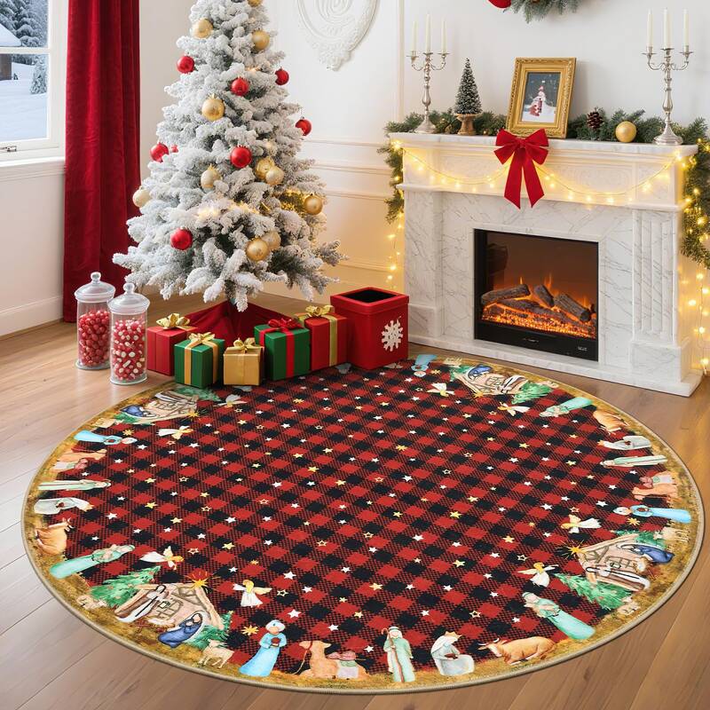 Garvee Christmas Red 4 Ft Round Non-Slip Machine Washable Rug for High Traffic Areas, Living Room, Bedroom, Entryway & Pet Fr...