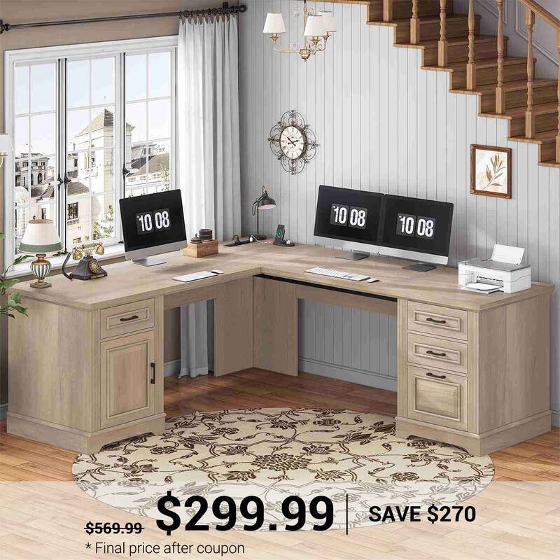 SEDETA 69 Inch Executive L Shaped Computer Desk with Drawers and Storage Cabinet Power Outlets Classical American Style Oak H...
