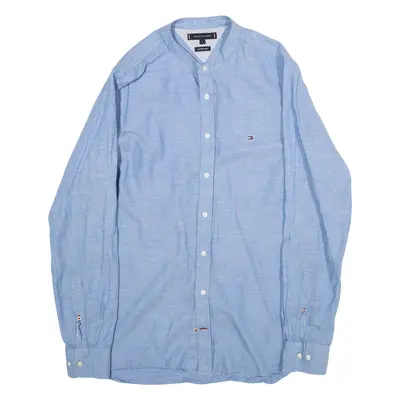 TOMMY HILFIGER Cotton Linen Mens Plain Shirt Blue Long Sleeve L
