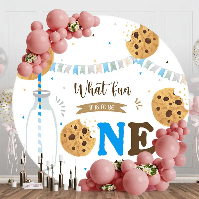 White Milk Cookie Round Birthday Backdrop For Boys - Aperturee