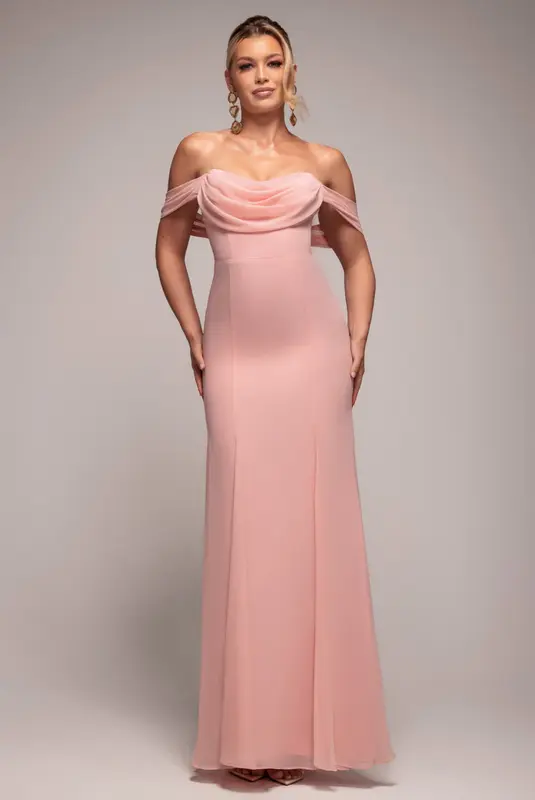 Goddiva Chiffon Bardot Cowl Neck Maxi Dress - Blush Pink