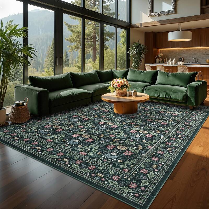 Garvee Washable 8x10 Area Rug Vintage Floral Green Non-Slip Low Pile Stain Resistant Soft Carpet for Living Room Bedroom Dini...