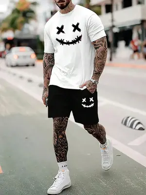 Men's Round Neck Graphic Tee & Drawstring Shorts Set, Regular Fit Crew Neck Short Sleeve T-shirt & Elastic Waist Track Shorts...