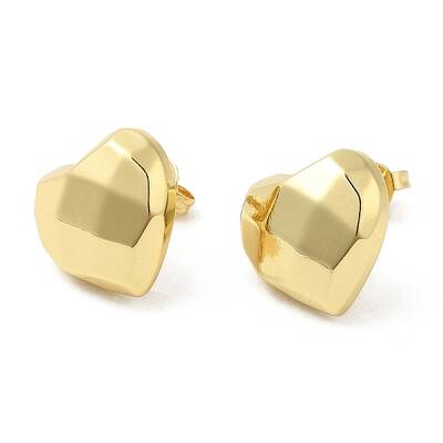 Brass Faceted Heart Stud Earrings for Women
