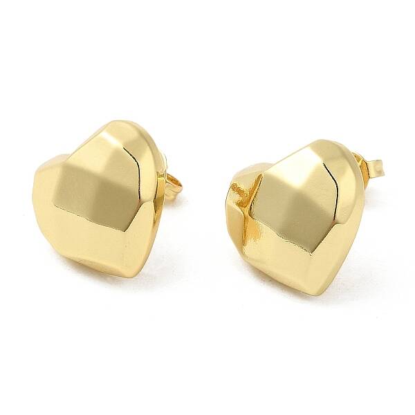 Brass Faceted Heart Stud Earrings for Women