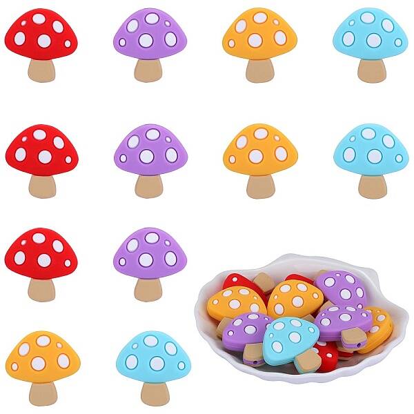 12Pcs 4 Colors Mushroom Food Grade Eco-Friendly Silicone Focal Beads