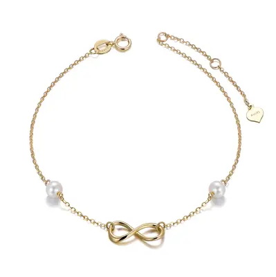 14K Gold Circular Shaped Pearl Infinite Symbol Charm Bracelet