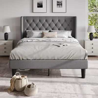 HOOMIC Classic Full/Queen/King Size Bed Frame with Button Tufted Wingback Headboard, ăFrame Only No MattressăUpholstered ...