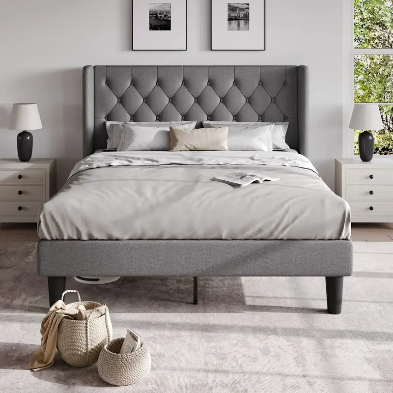 HOOMIC Classic Full/Queen/King Size Bed Frame with Button Tufted Wingback Headboard, 【Frame Only No Mattress】Upholstered ...