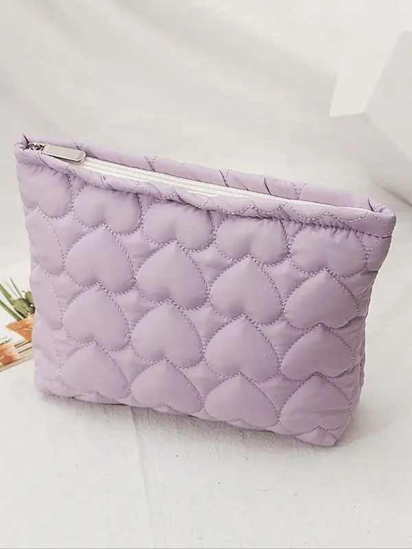 Fashion Spring Heart Quilted Heart Design Makeup Bag,  Large Capacity Zipper Cosmetic Bag, Portable Travel Storage Bag for ...