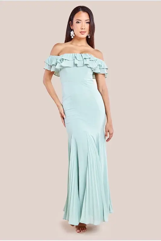 Goddiva Frilled Off The Shoulder Pleated Chiffon Maxi Dress - Sage Green