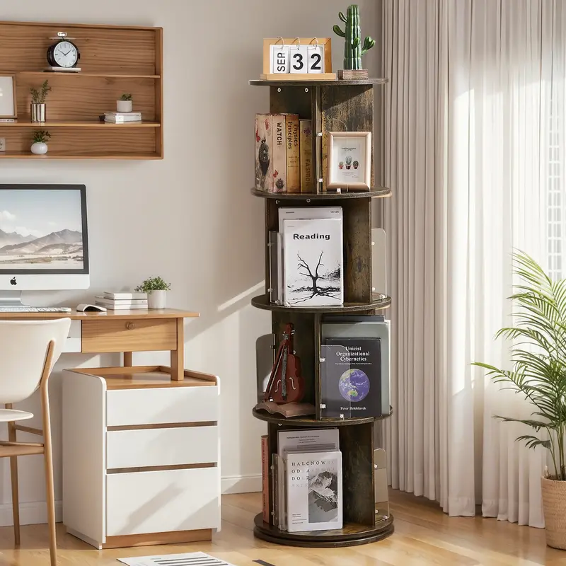 VECELO Rotating Bookshelf 4 Tier 360° Revolving Bookcase Corner Wood-Plastic Board Bookcase, Floor Standing Bookshelf Organi...