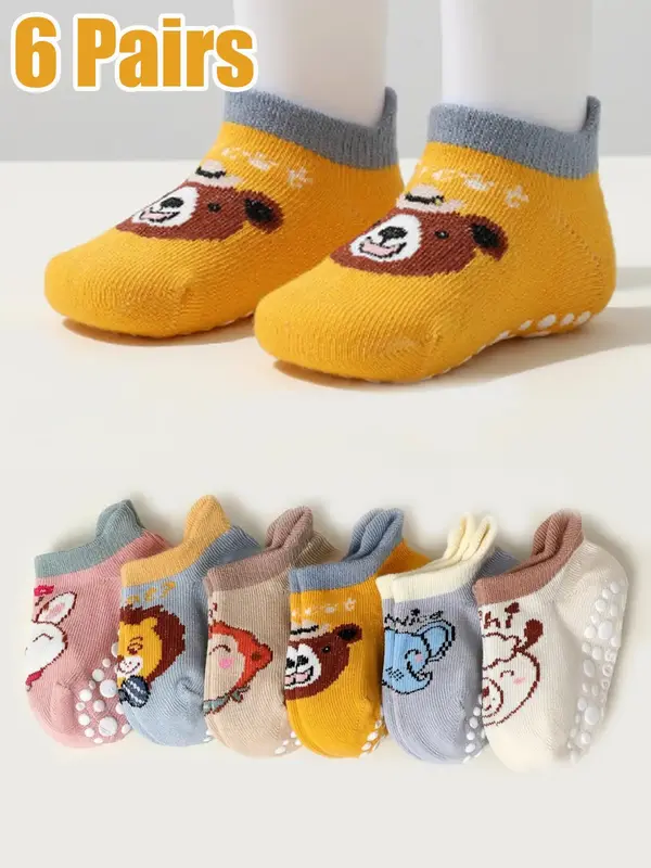 6 Pairs Cartoon Anti-Slip Socks for Baby Boys, Toddler Walking Socks Featuring Cute Animal Designs, Cozy and Casual for Fall ...