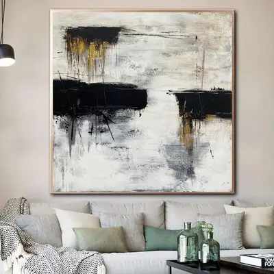 Extra Large Abstract Black And White Oil Paintings On Canvas Original Fine Art Contemporary Wall Art Golden Wall Decor | BLAC...