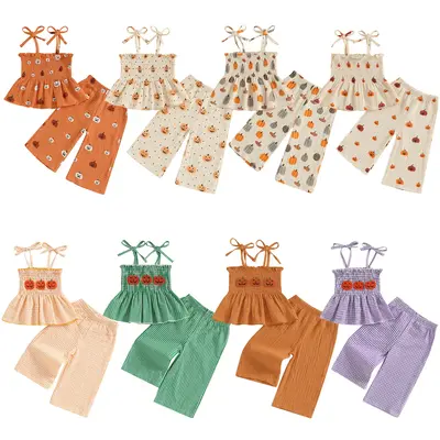 Toddler Baby Little Girl Halloween Outfit Pumpkin Smocked Tie-up Spaghetti Strap Babydoll Tops Wide Leg Pants Set 6M-5Y