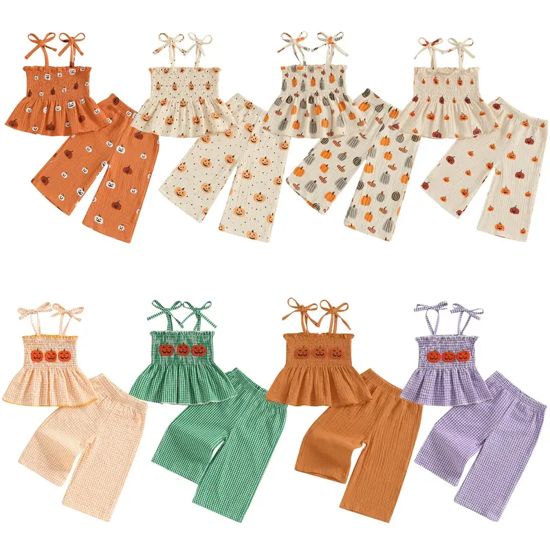 Toddler Baby Little Girl Halloween Outfit Pumpkin Smocked Tie-up Spaghetti Strap Babydoll Tops Wide Leg Pants Set 6M-5Y