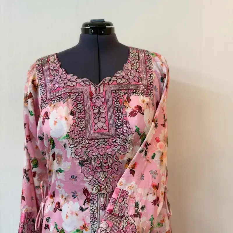 Butterfly Mukhawara Pink Floral Print Dress with Open Trim and Side Waist Belts for Stylish Wear