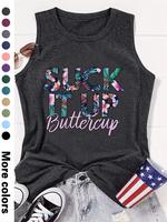 Women's Letter & Floral Print Round Neck Tank Top, Casual Graphic Sleeveless Crew Neck T-shirt for Summer, Fashion Women's To...