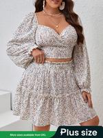 【Plus Size】 Ditsy Floral Print Top & Skirt Set, Boho Bohemian Sweetheart Neck Long Sleeve Top & Skirt, Women's Summer Clo...