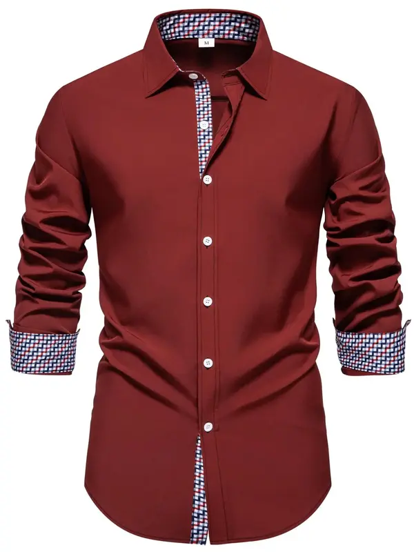 Men's Patchwork Print Button Front Shirt, Regular Fit Fitted Casual Long Sleeve Collared Top for Fall & Winter, Men's Clothes...