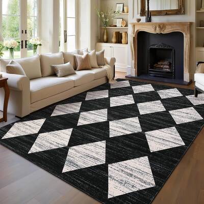 Garvee Plaid Black 8x10 Checkered Area Rug Machine Washable Non-Slip Soft Low Pile 100% Polyester Durable Rubber Backing Livi...