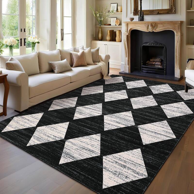 Garvee Plaid Black 8x10 Checkered Area Rug Machine Washable Non-Slip Soft Low Pile 100% Polyester Durable Rubber Backing Livi...