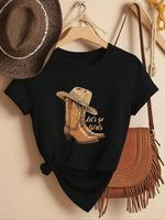 Women's Letter & Cowboy Hat Print Round Neck Graphic Tee, Vintage Trendy Casual Short Sleeve T-shirt for Daily Wear, Ladies S...
