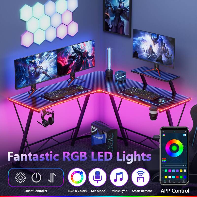 【Holiday Haul】Mr IRONSTONE L Shaped Gaming Desk with Led Lights Corner Computer Desk with Cup Holder and Headphone Hook,