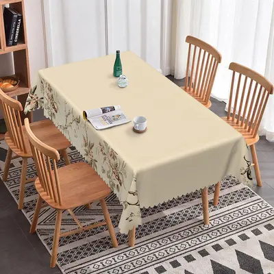 Aperturee Elegant White Beige With Flower Edged Tablecloth, 52x70 Inch, 30.82 USD, rectangle tablecloths, ZJY04692-A