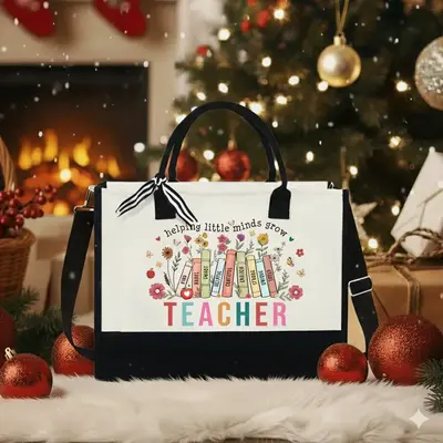 [SPECIAL DEAL] Teacher Tote Bag – Christmas Gift, Teacher Appreciation Gift, Xmas Gift for Teacher, Canvas Tote Bag with Zi...