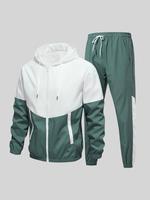 Men's Colorblock Drawstring Zip Up Hoodie & Joggers French Terry Set, Menswear, Casual Athletic Long Sleeve Hooded Jacket...