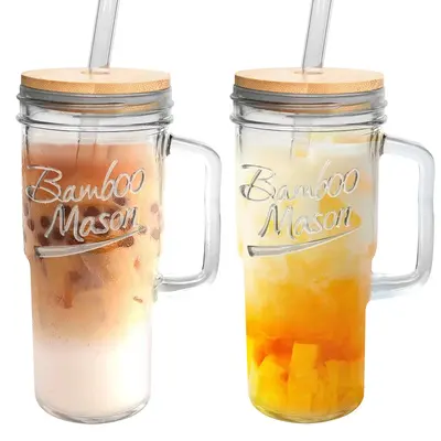 24oz Glass Cup with Handle, 2 Counts Large Capacity Glass Tumbler with 2 Straws and 1 Straw Brush, Drinkware for Home Office ...