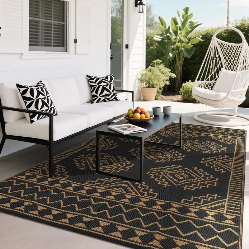 Garvee Outdoor Black & Brown 8x10 Large Rug, Waterproof Plastic Straw Rug Reversible Geometric Design Foldable Portable with ...