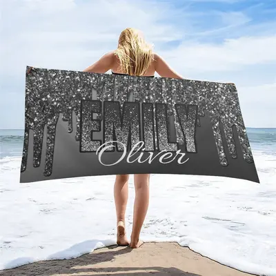 Glitter Black Silver Custom Name Beach Pool Towel - Aperturee