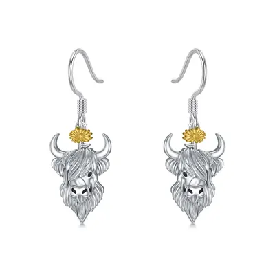 Sterling Silver Two-tone Cow Drop Earrings