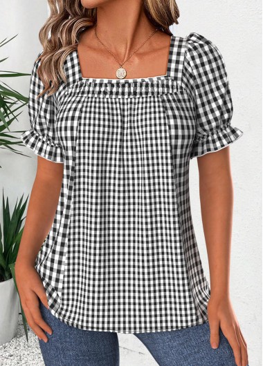 Modlily Black Plaid Short Sleeve Square Neck Blouse - M