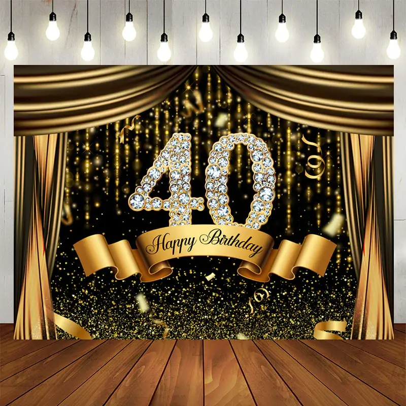 Aperturee Black Gold Glitter Bokeh 40th Birthday Backdrop