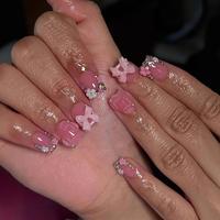 Pink Press on Short Square  Nails with 3D  Charms Design - Flower False Glue on Cute  Rhinestone Glossy Full Cover Stick on f...