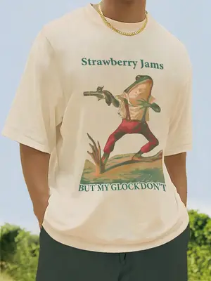 Men's Regular Fit Frog & Letter Print Drop Shoulder Tee, Casual Comfy Round Neck Half Sleeve T-shirt for Summer, Menswear for...