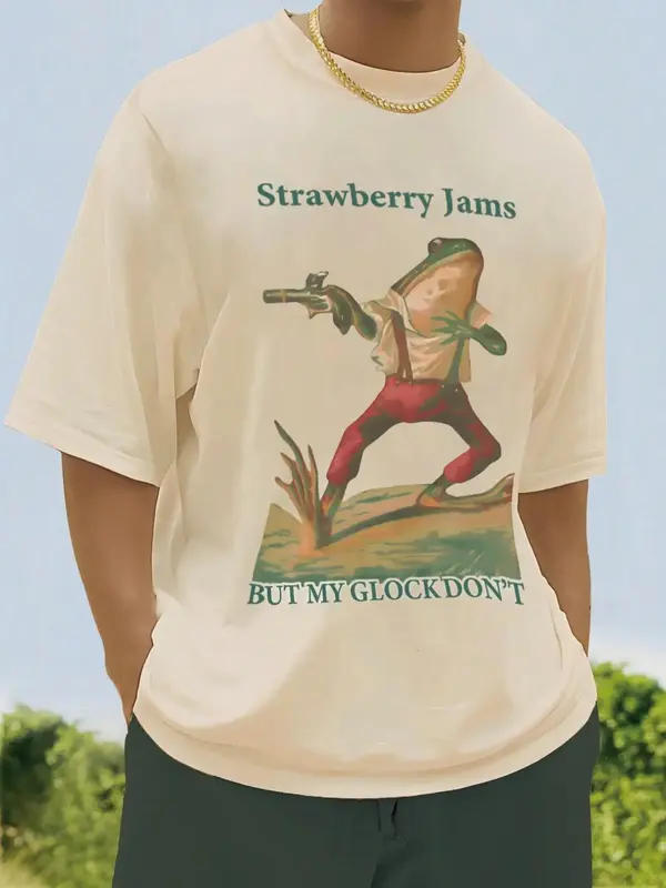 Men's Regular Fit Frog & Letter Print Drop Shoulder Tee, Casual Comfy Round Neck Half Sleeve T-shirt for Summer, Menswear for...