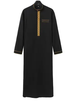 Men's Ethnic Pattern Embroidery Long Sleeve Robe, Loose Casual Comfy Stand Collar Robe for Daily Wear, Muslim Kurta Thobe, Me...