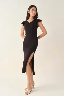 Ruffle Sleeve Ribbed Midi Dress - Black | Size: S