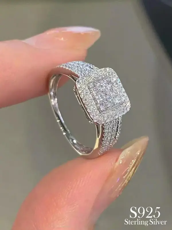 S925 Sterling Silver Fashionable Square Shaped Zirconia Ring, Luxury Engagement Ring for Women, Trendy All-match & Exquisite ...