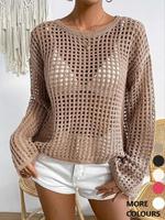 Women's Plain Crochet Hollow Out Longsleeves Sweater Pullover, Casual Long Sleeve Crewneck Fitted Jumper for Summer, Fashion ...