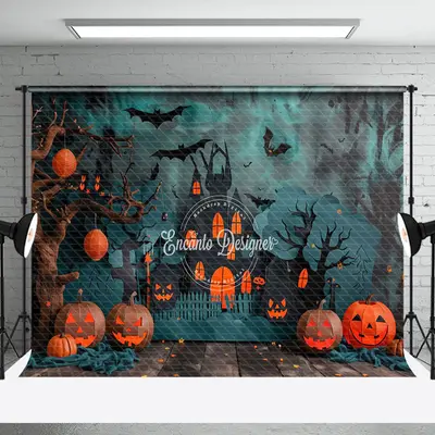 Aperturee Green Black Wall Castle Pumpkins Halloween Backdrop - Aperturee