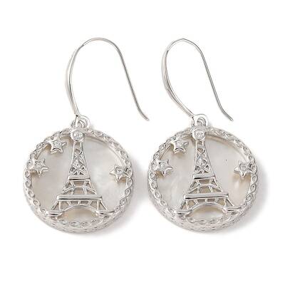 925 Sterling Silver Flat Round with Eiffel Tower Dangle Earrings