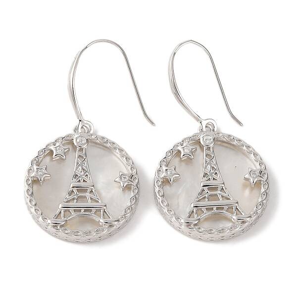 925 Sterling Silver Flat Round with Eiffel Tower Dangle Earrings