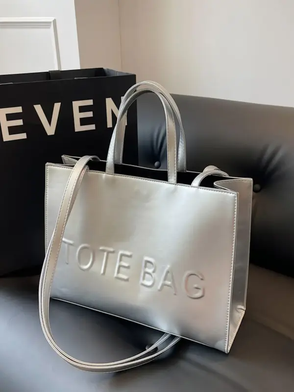 Fashion Letter Pattern Tote Bag, Large Capacity Handbag for Daily Used, Simple Plain PU Leather Shoulder Bag for Women Back t...