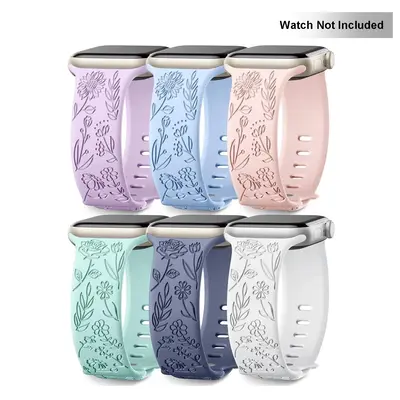 Floral Engraved Durable Sport Silicone Smart Watch Band (Only Band), 6 Counts Stylish Smart Watch Band, Durable Replacemen...