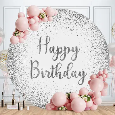 Aperturee Round Silver-White Happy Birthday Backdrop For Party | Round Backdrop Fabric Cover | Round Birthday Backdrop Cover ...